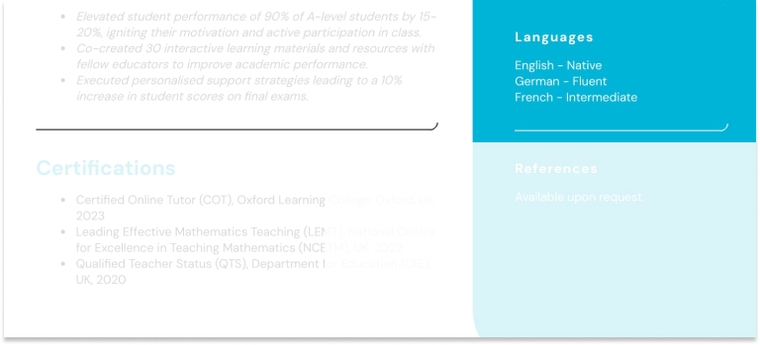 How to format language skills on a tutor CV sample